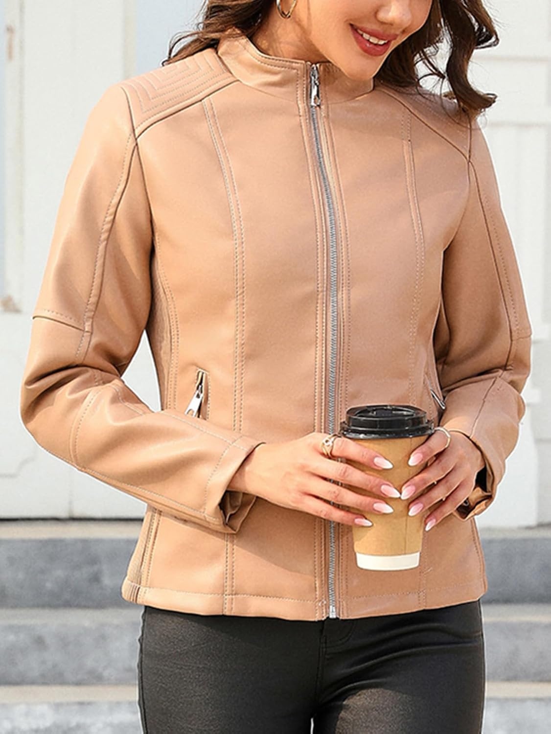 image:imageBellivera Faux Leather Women Motorcycle Stand Collar JacketCoal Normal Khaki