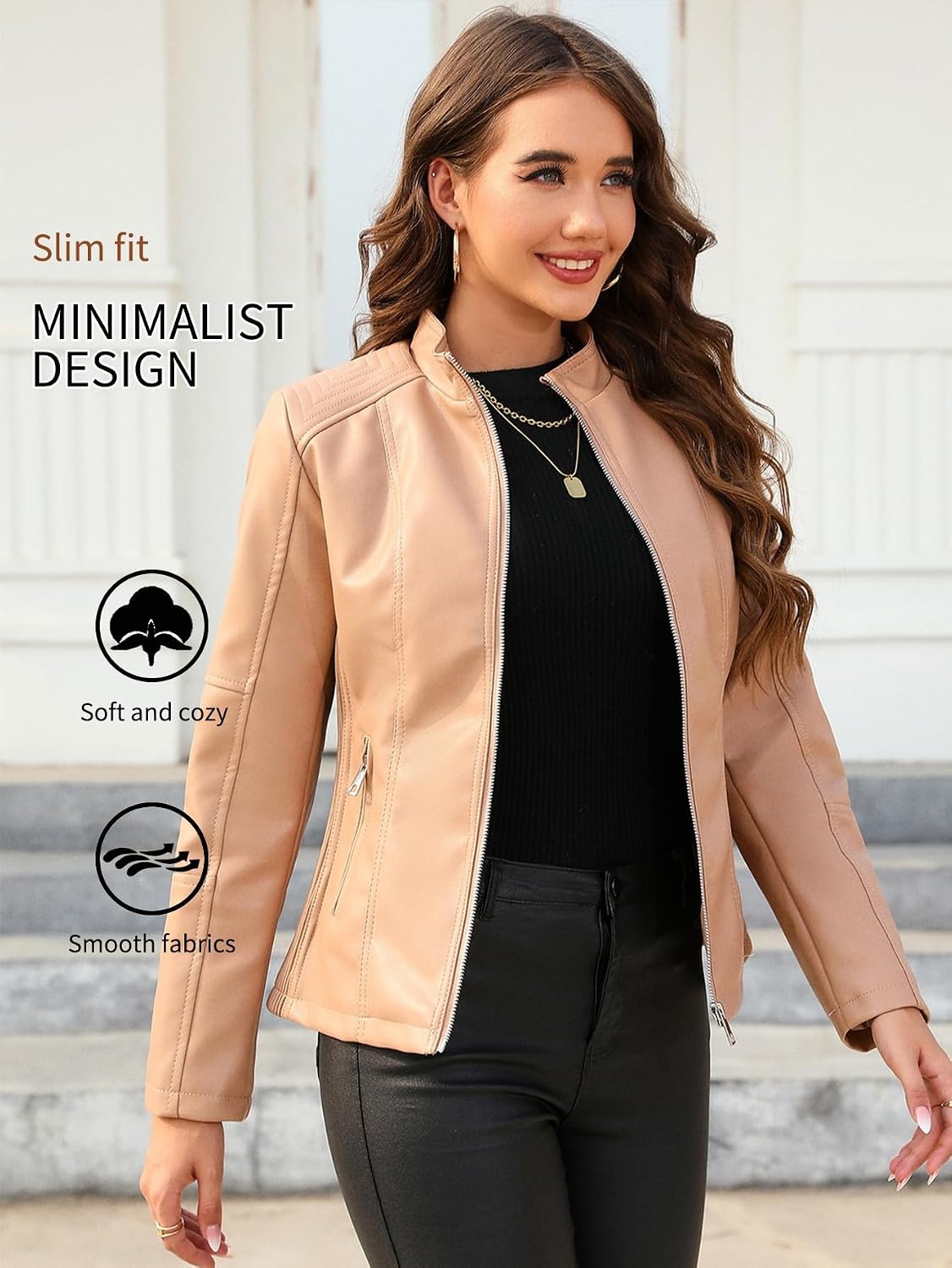 image:imageBellivera Faux Leather Women Motorcycle Stand Collar JacketCoal Normal Khaki