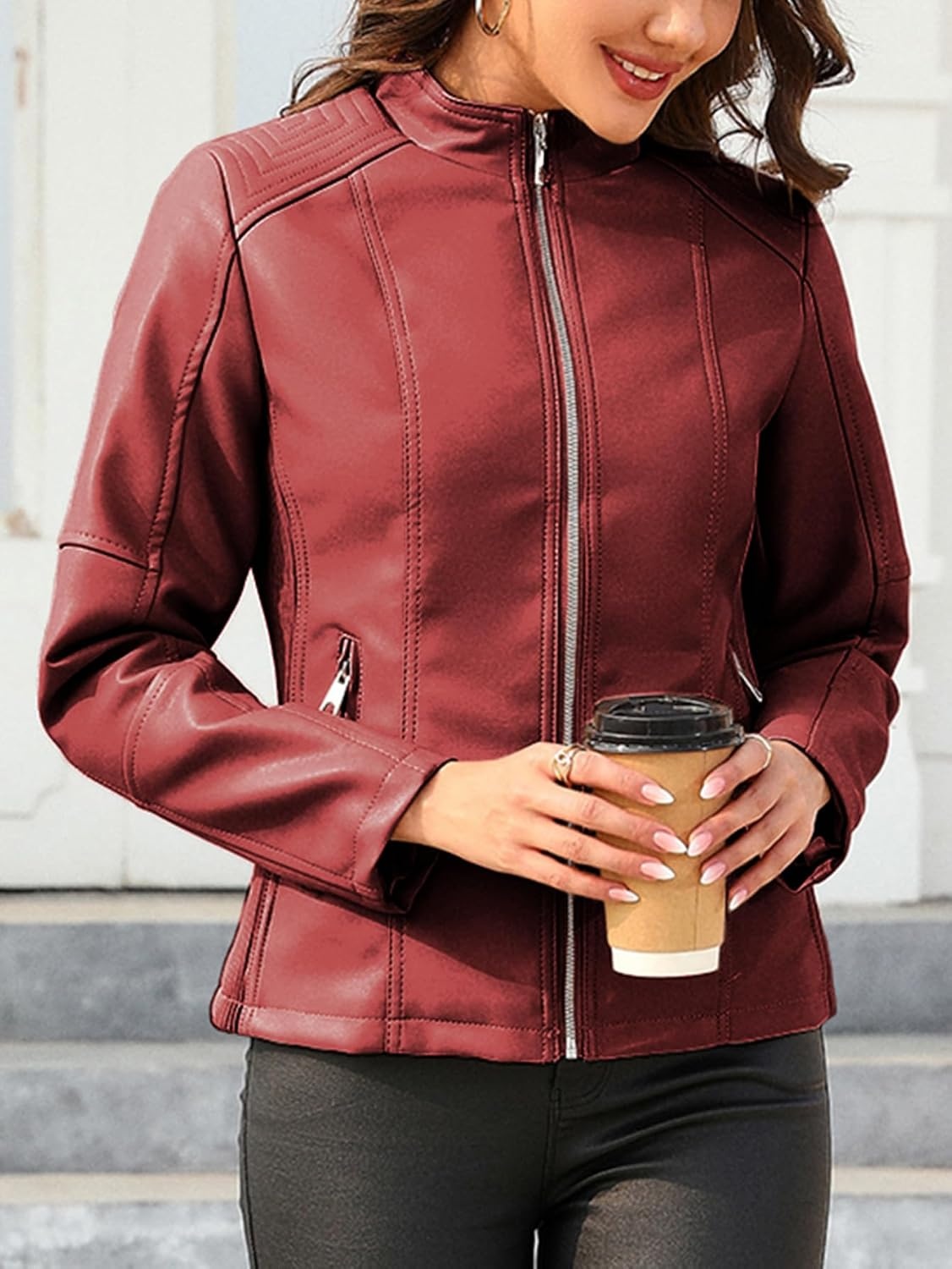 image:imageBellivera Faux Leather Women Motorcycle Stand Collar JacketCoal Red
