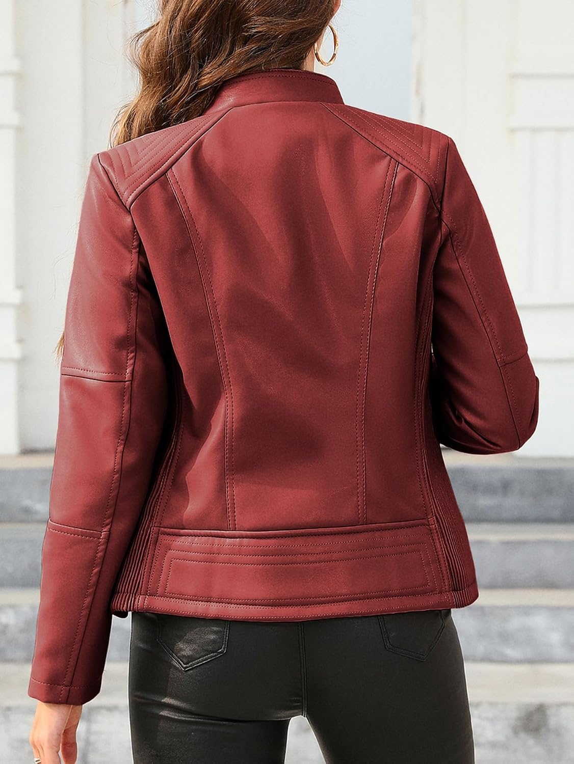 image:imageBellivera Faux Leather Women Motorcycle Stand Collar JacketCoal Red