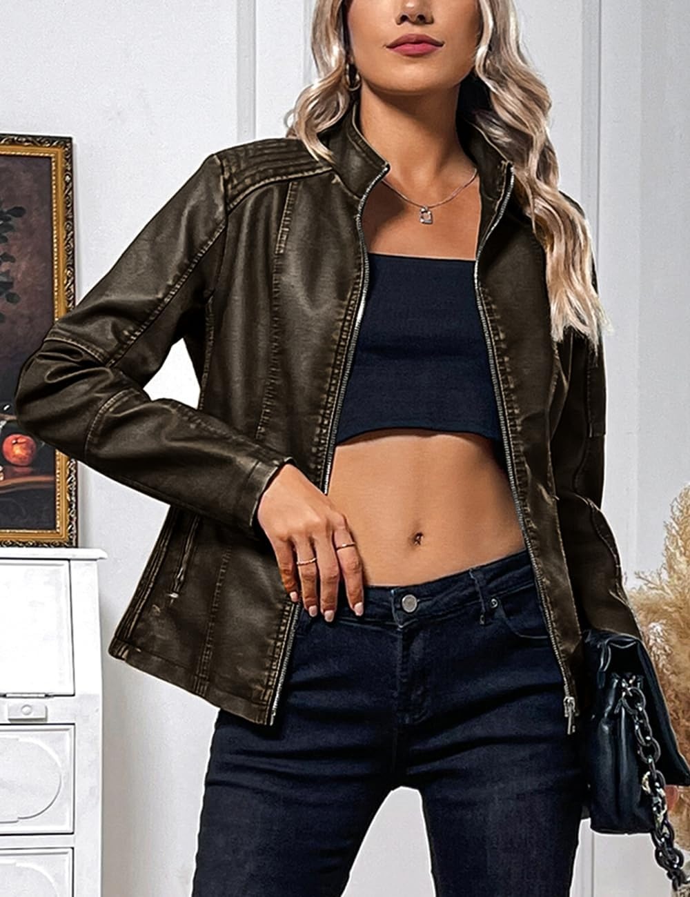 image:imageBellivera Faux Leather Women Motorcycle Stand Collar JacketCoffee Retro