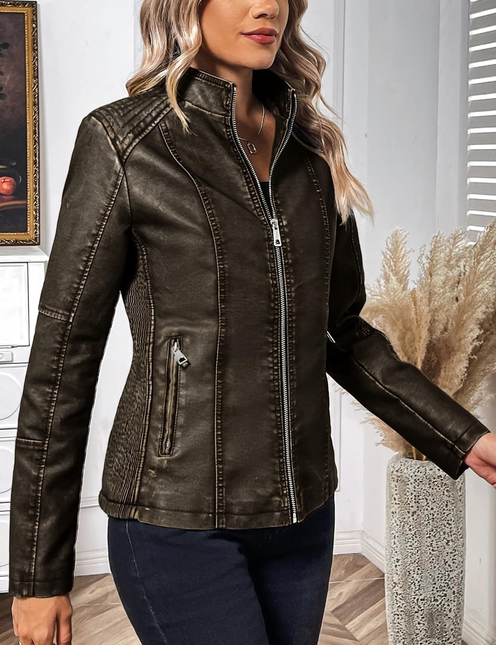 image:imageBellivera Faux Leather Women Motorcycle Stand Collar JacketCoffee Retro