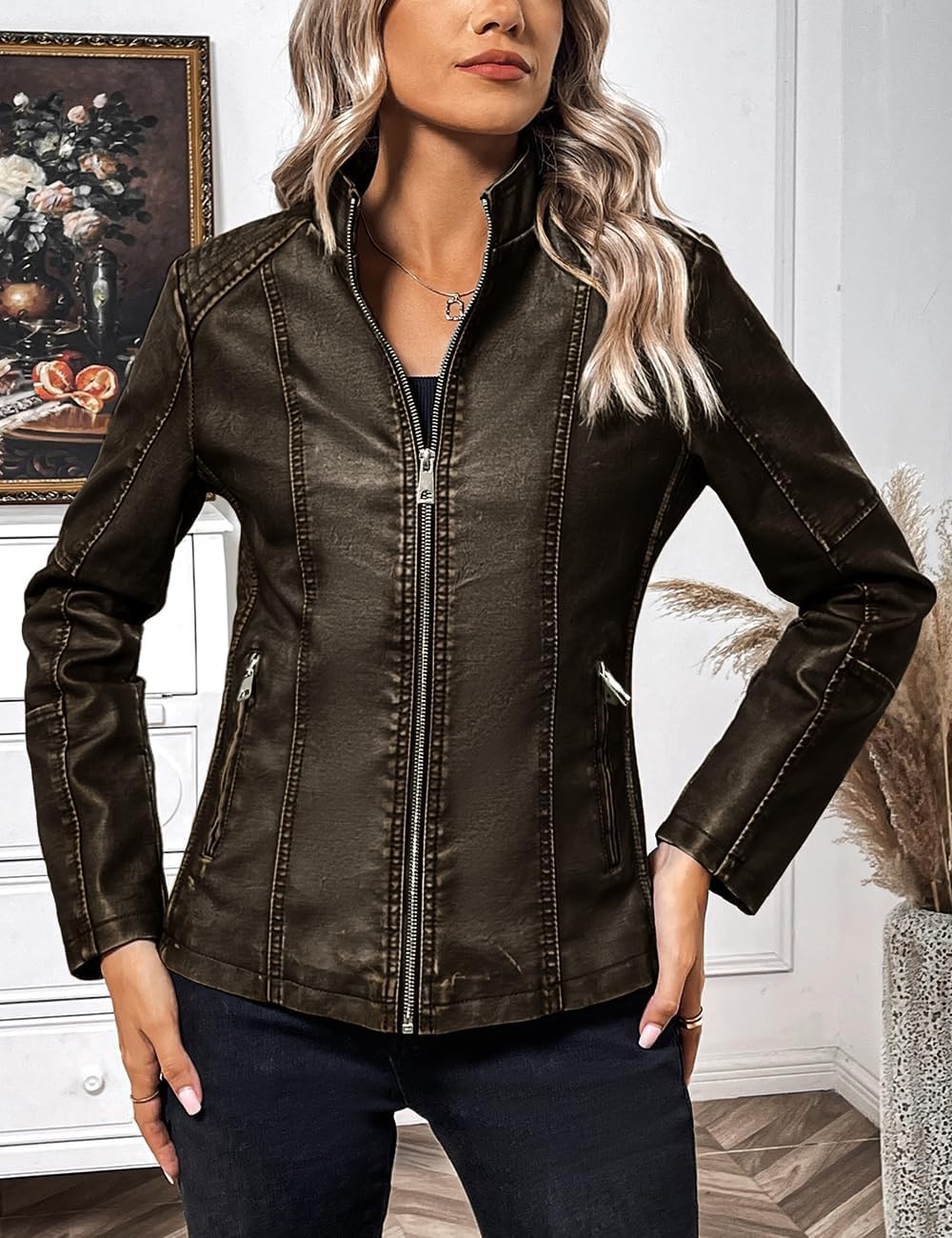 image:imageBellivera Faux Leather Women Motorcycle Stand Collar JacketCoffee Retro