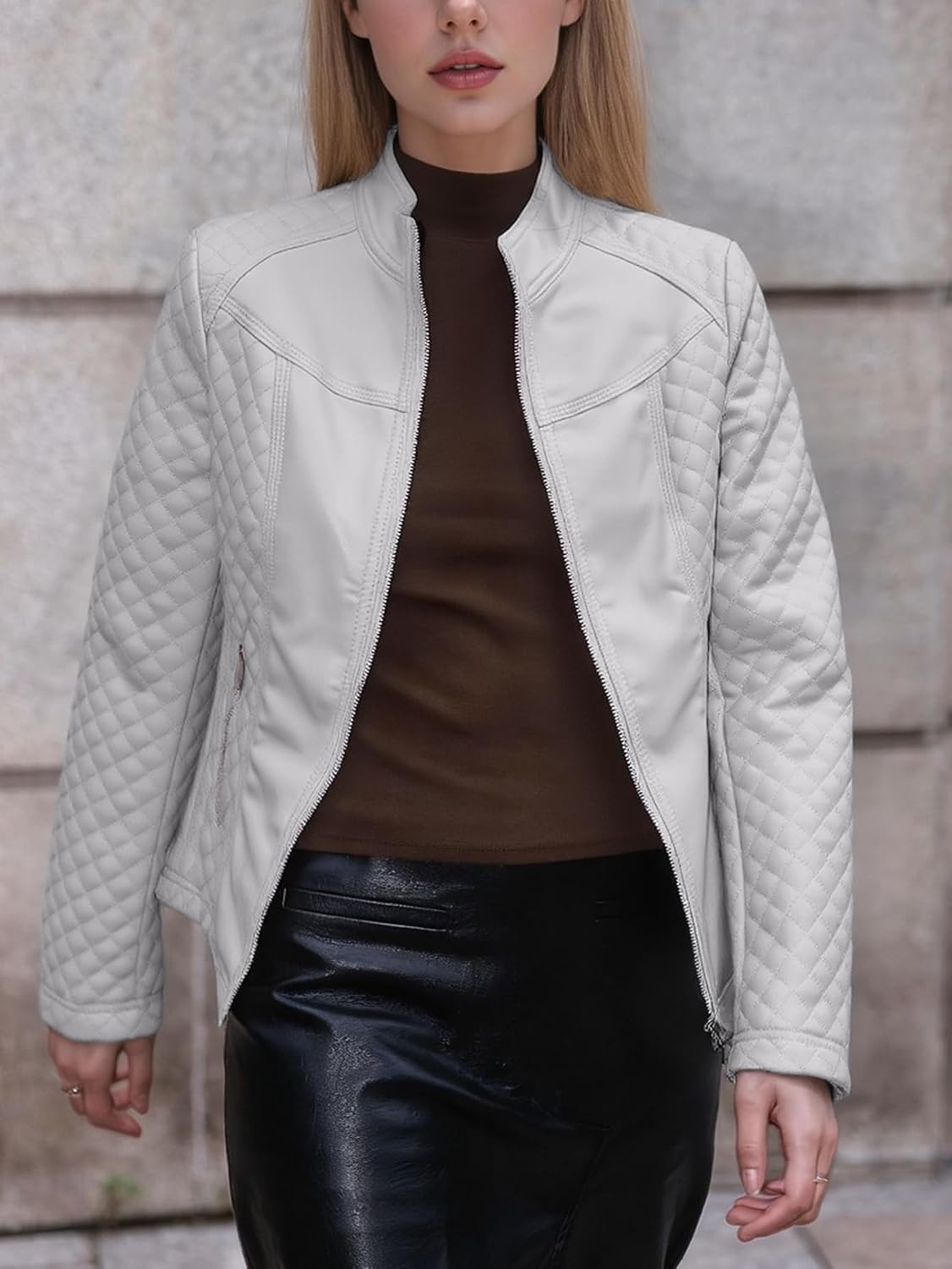 image:imageBellivera Faux Leather Women Motorcycle Stand Collar JacketGrey Casual Jacket