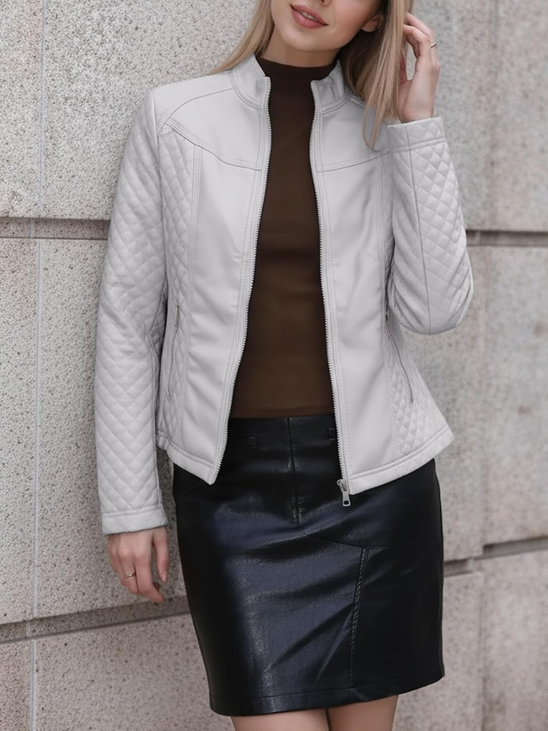 image:imageBellivera Faux Leather Women Motorcycle Stand Collar JacketGrey Casual Jacket