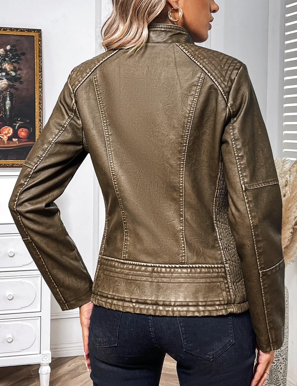 image:imageBellivera Faux Leather Women Motorcycle Stand Collar JacketKhaki Retro