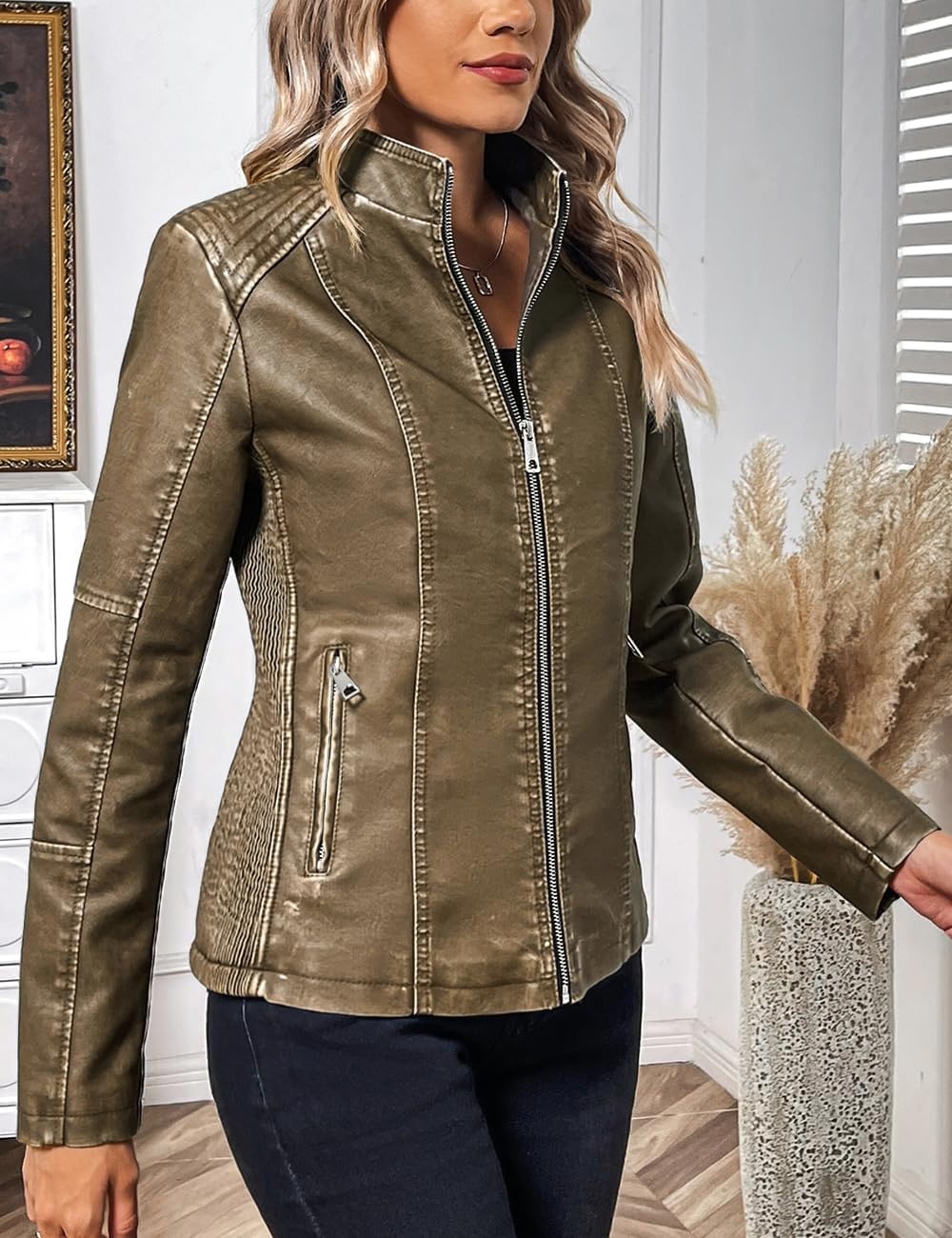 image:imageBellivera Faux Leather Women Motorcycle Stand Collar JacketKhaki Retro