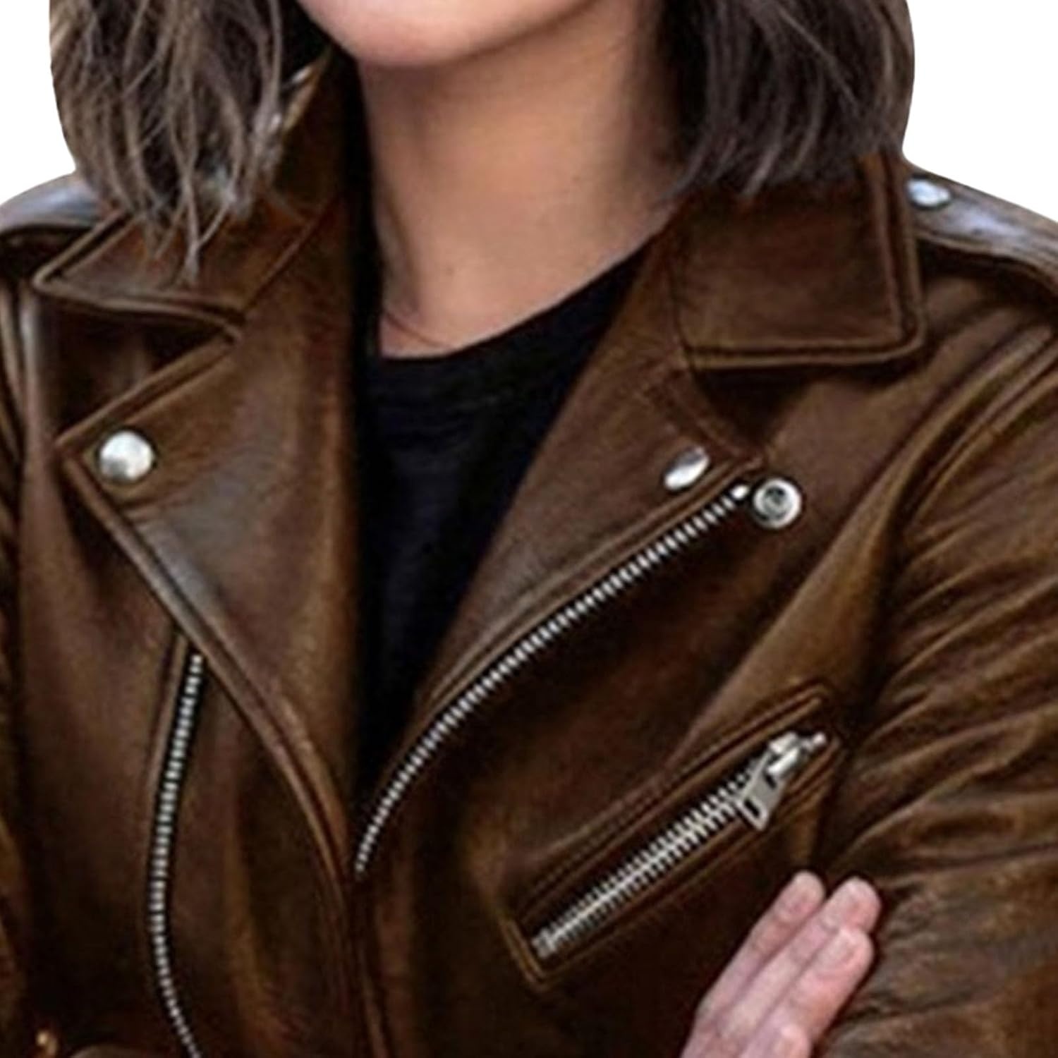 image:imageBiker Faux Leather Jacket for Women Faux Leather Motocycle Coat Fall Fashion Bomber JacketBrown