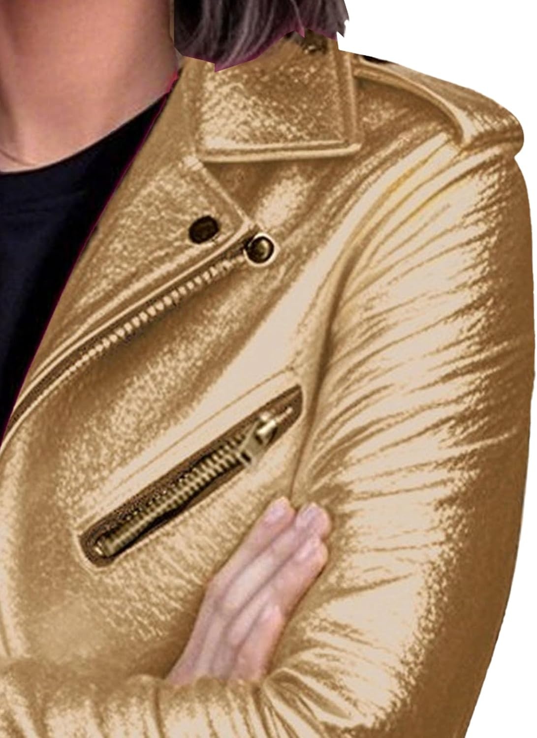 image:imageBiker Faux Leather Jacket for Women Faux Leather Motocycle Coat Fall Fashion Bomber JacketGold