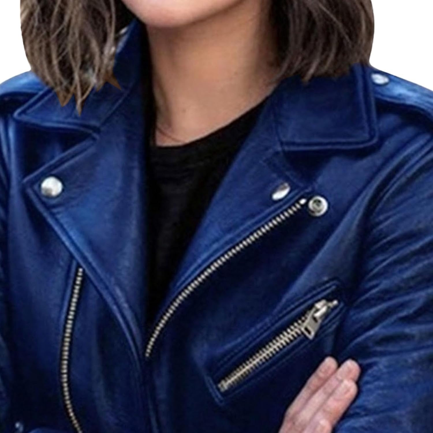 image:imageBiker Faux Leather Jacket for Women Faux Leather Motocycle Coat Fall Fashion Bomber JacketNavy Blue