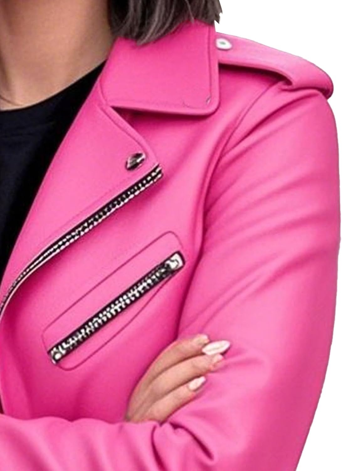 image:imageBiker Faux Leather Jacket for Women Faux Leather Motocycle Coat Fall Fashion Bomber JacketPink