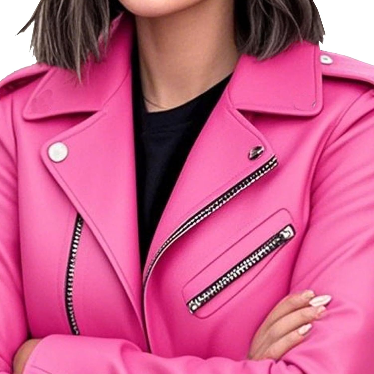 image:imageBiker Faux Leather Jacket for Women Faux Leather Motocycle Coat Fall Fashion Bomber JacketPink