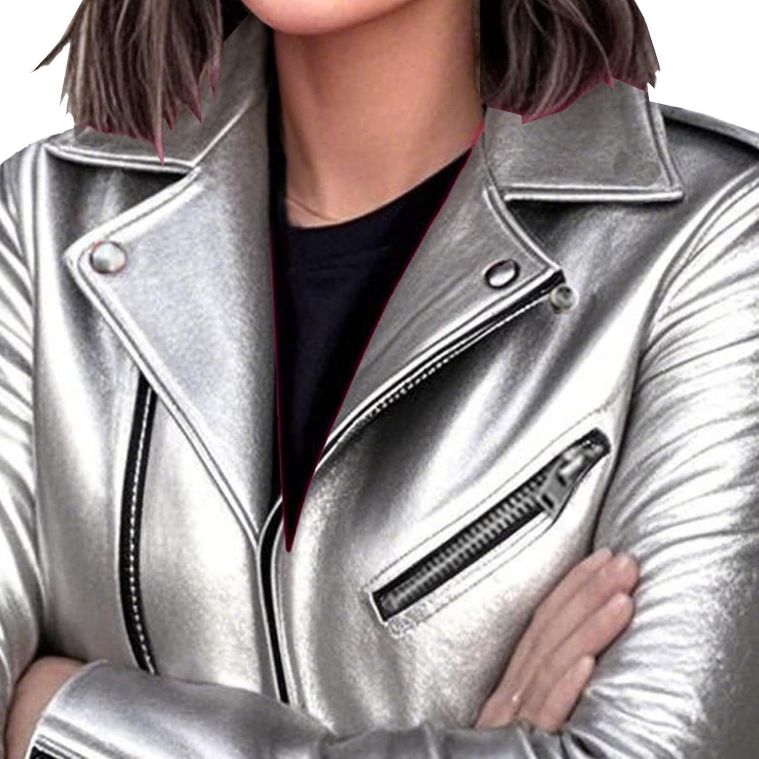 image:imageBiker Faux Leather Jacket for Women Faux Leather Motocycle Coat Fall Fashion Bomber JacketSilver Gray