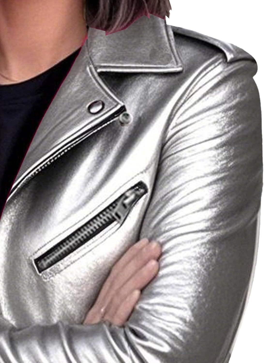 image:imageBiker Faux Leather Jacket for Women Faux Leather Motocycle Coat Fall Fashion Bomber JacketSilver Gray