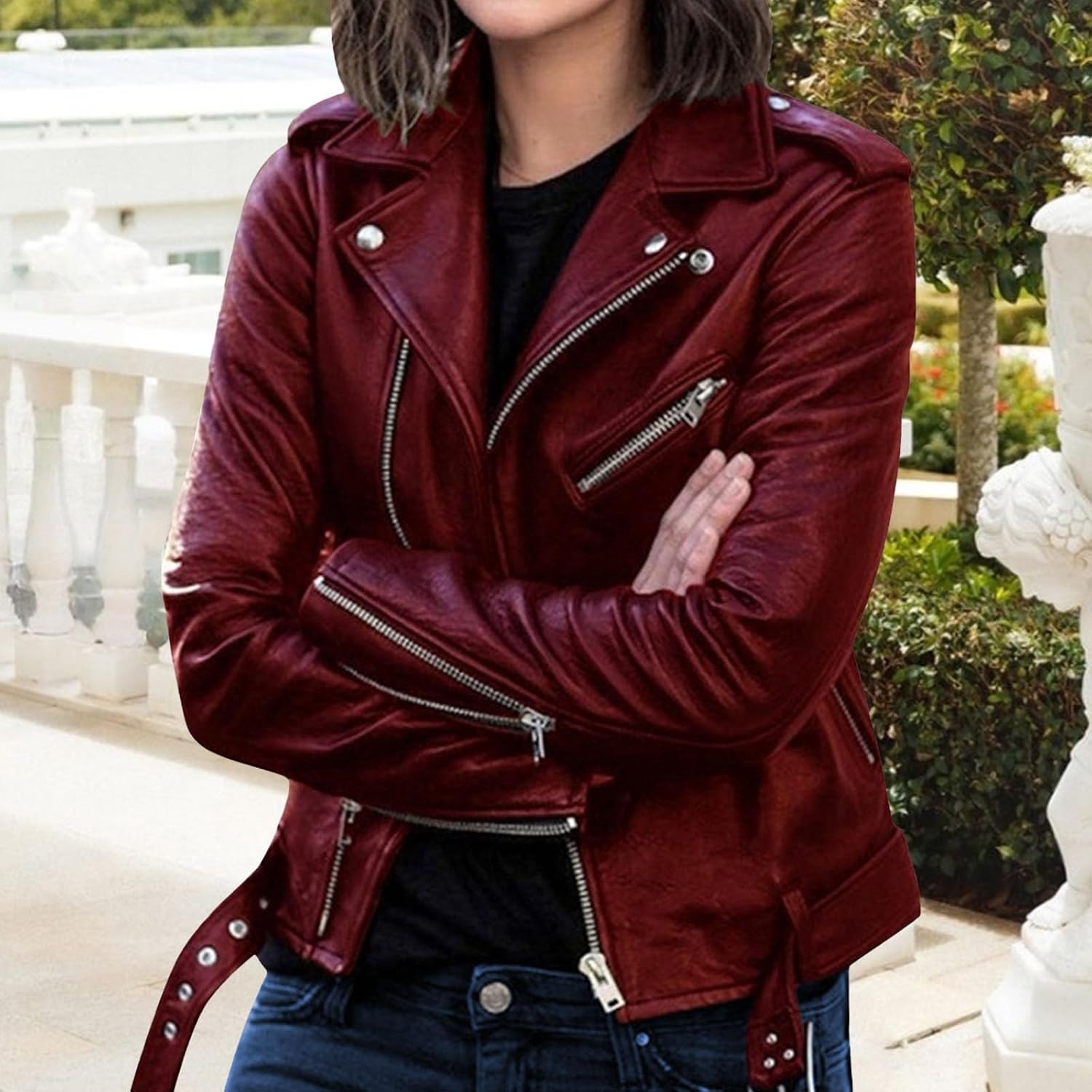 image:imageBiker Faux Leather Jacket for Women Faux Leather Motocycle Coat Fall Fashion Bomber JacketWine Red