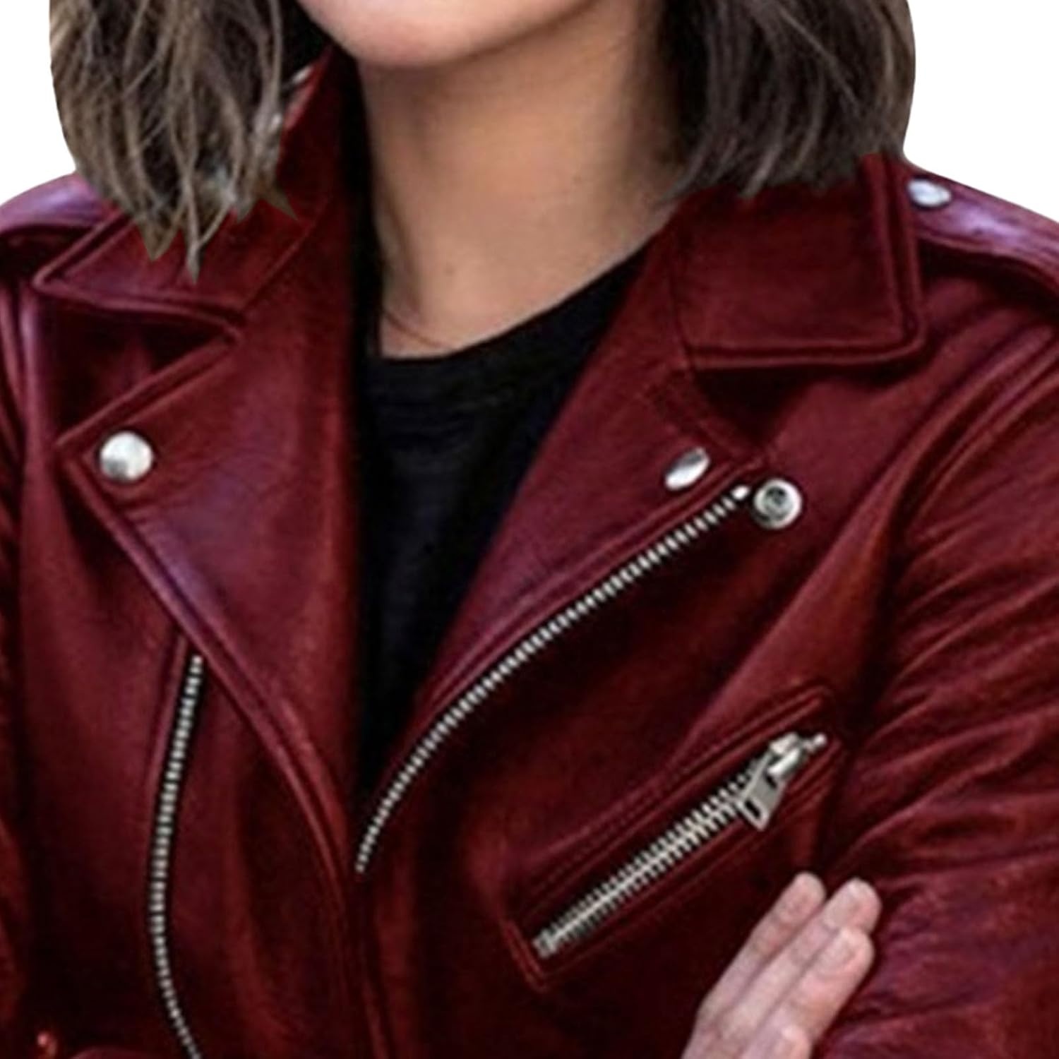 image:imageBiker Faux Leather Jacket for Women Faux Leather Motocycle Coat Fall Fashion Bomber JacketWine Red