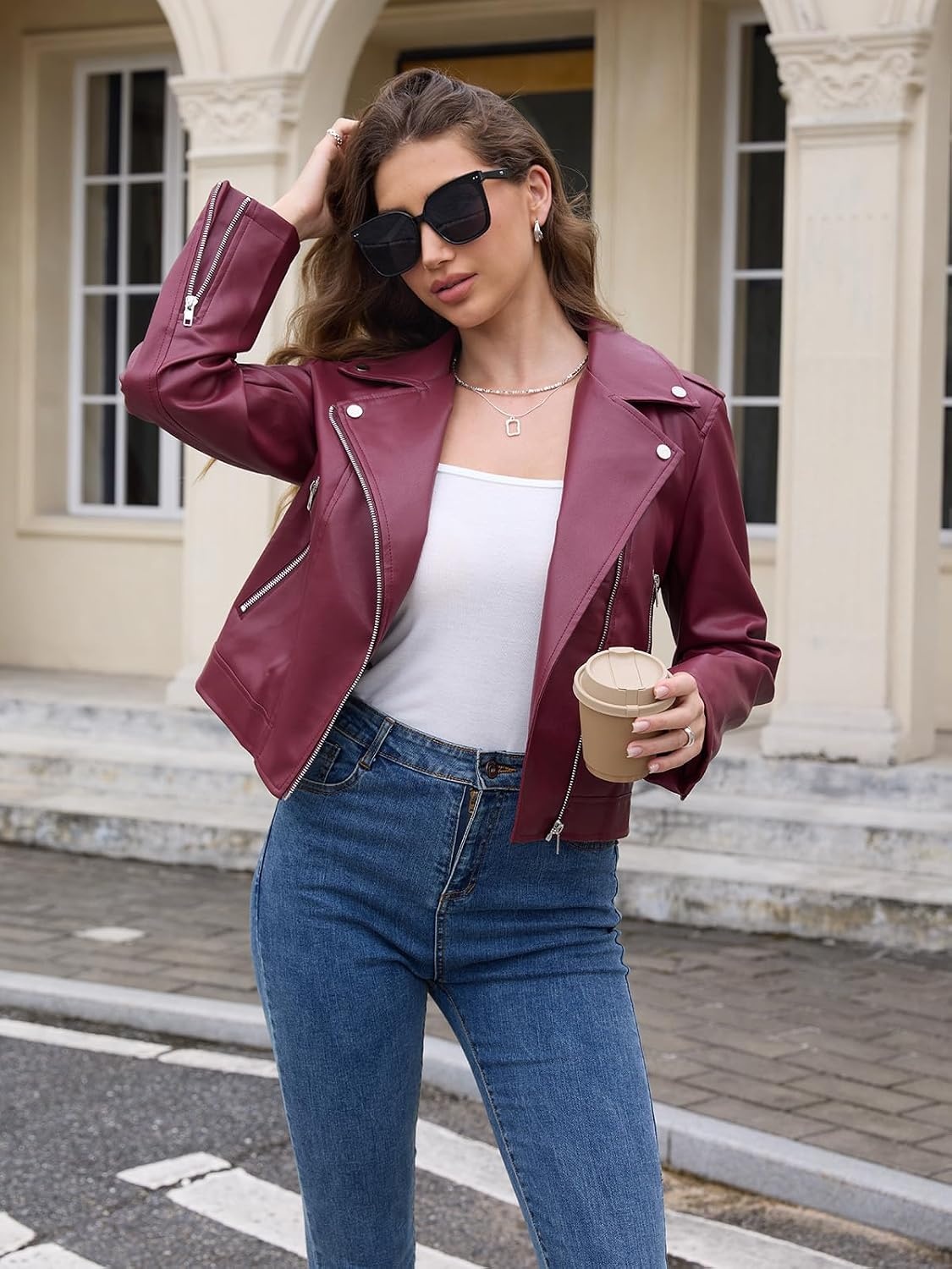 image:imageBluetime Womens Faux Leather Jacket Cropped Moto Biker Zip Up CoatWine Red
