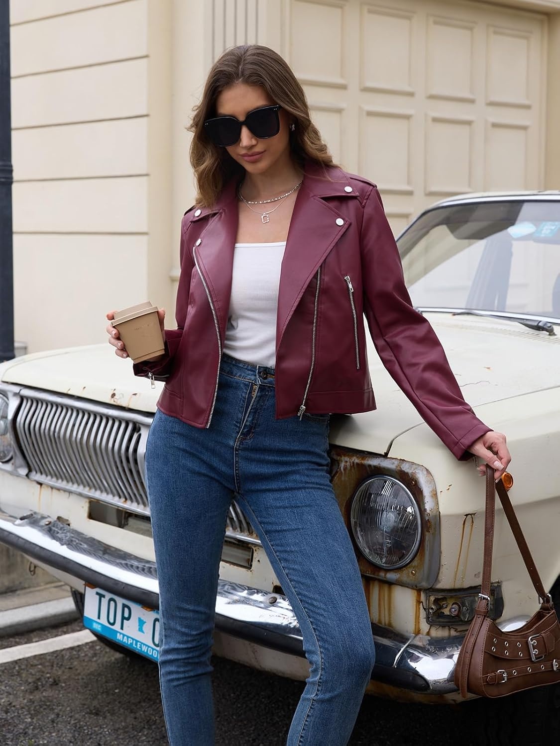 image:imageBluetime Womens Faux Leather Jacket Cropped Moto Biker Zip Up CoatWine Red