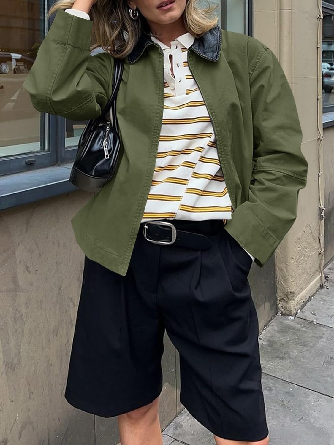 image:imageCicy Bell Women Barn Jacket Zip Up Cotton Canvas Oversized Lightweight CoatArmy Green