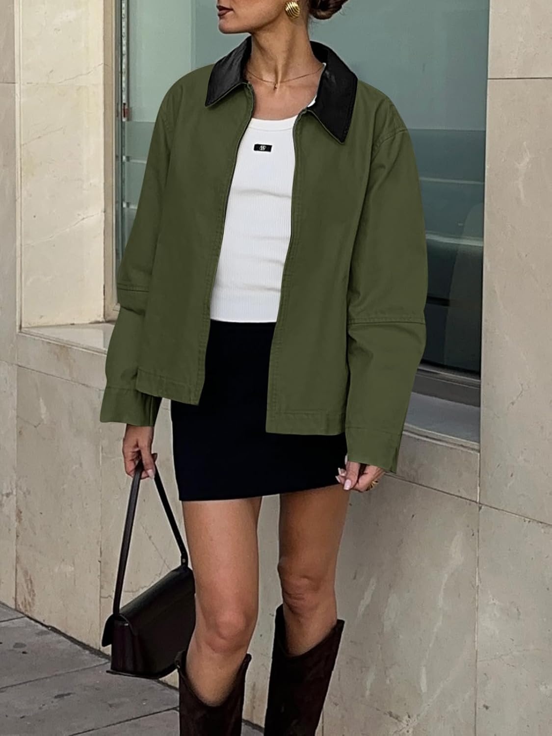 image:imageCicy Bell Women Barn Jacket Zip Up Cotton Canvas Oversized Lightweight CoatArmy Green