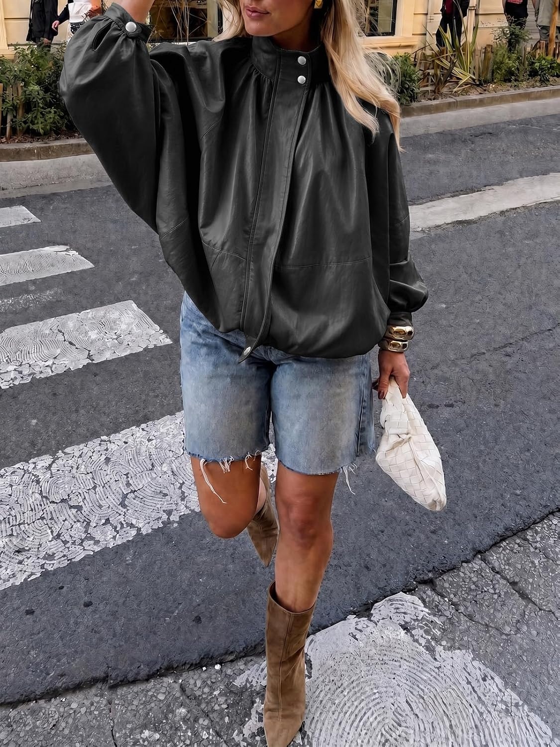 image:imageCicy Bell Womens Faux Leather Jackets Bomber Long Sleeve Zipper Fall CoatsBlack