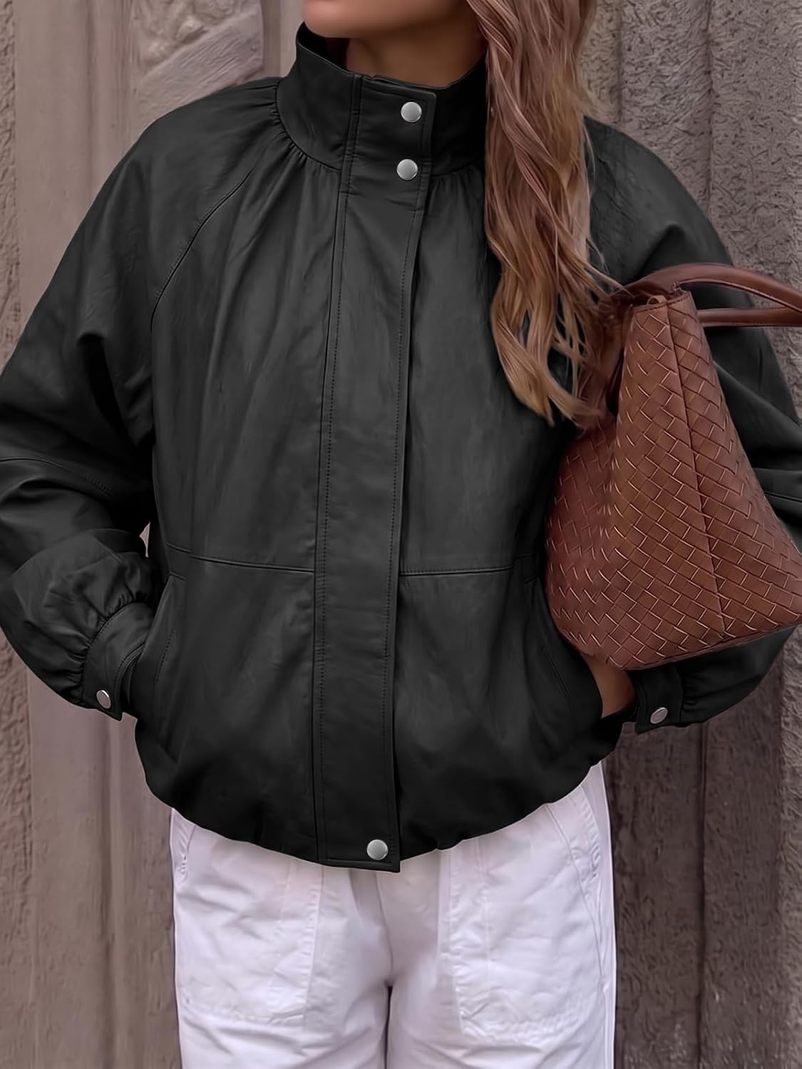 image:imageCicy Bell Womens Faux Leather Jackets Bomber Long Sleeve Zipper Fall CoatsBlack