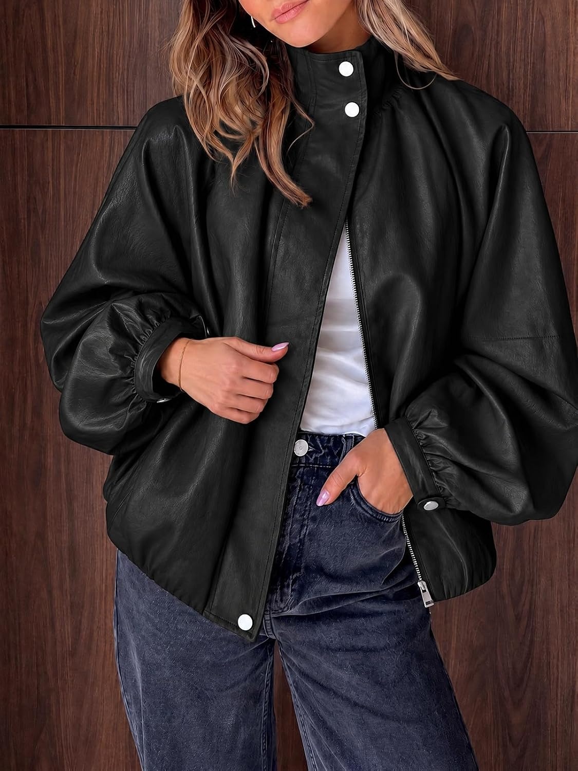 image:imageCicy Bell Womens Faux Leather Jackets Bomber Long Sleeve Zipper Fall CoatsBlack
