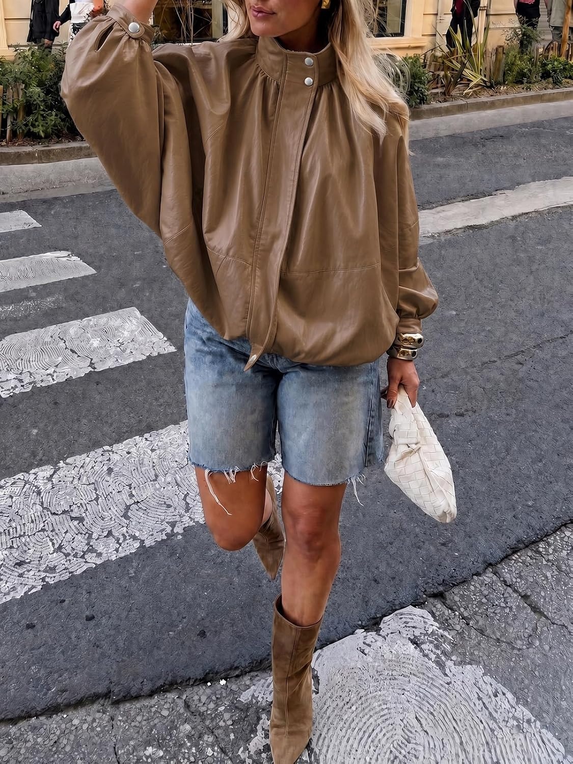 image:imageCicy Bell Womens Faux Leather Jackets Bomber Long Sleeve Zipper Fall CoatsBrown