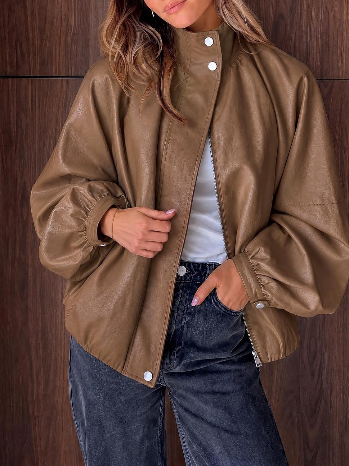 image:imageCicy Bell Womens Faux Leather Jackets Bomber Long Sleeve Zipper Fall CoatsBrown