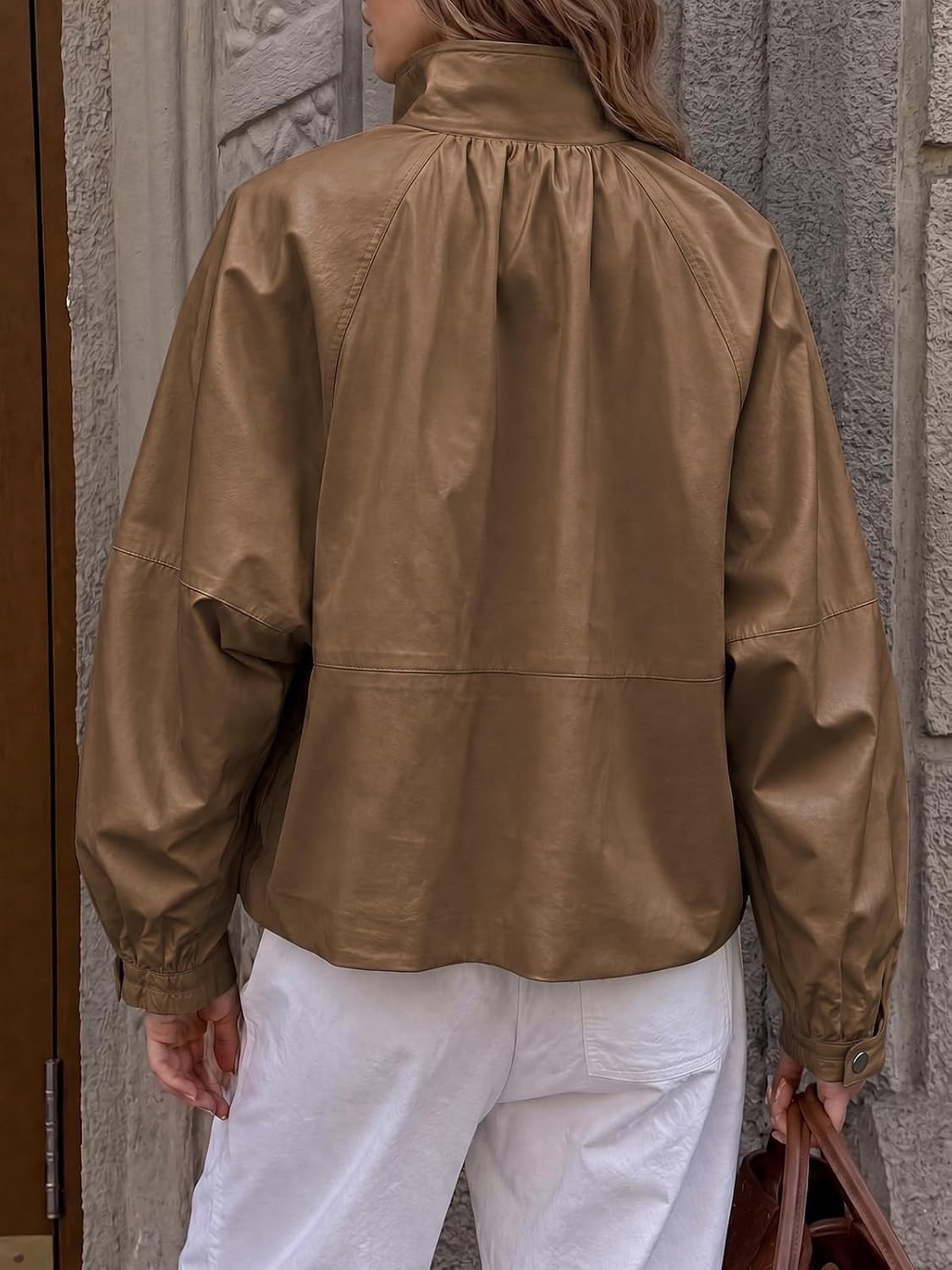 image:imageCicy Bell Womens Faux Leather Jackets Bomber Long Sleeve Zipper Fall CoatsBrown