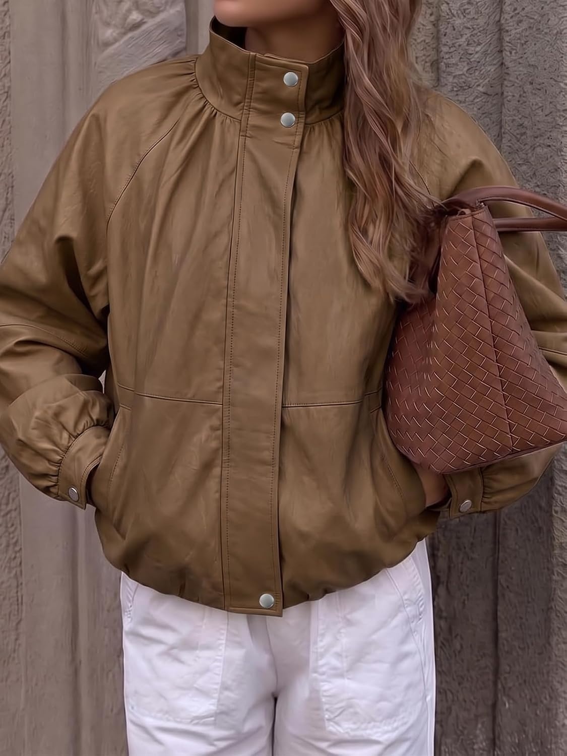image:imageCicy Bell Womens Faux Leather Jackets Bomber Long Sleeve Zipper Fall CoatsBrown