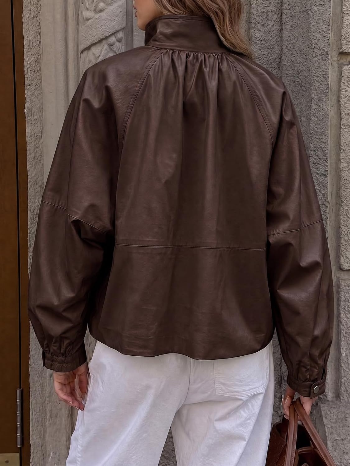 image:imageCicy Bell Womens Faux Leather Jackets Bomber Long Sleeve Zipper Fall CoatsCoffee