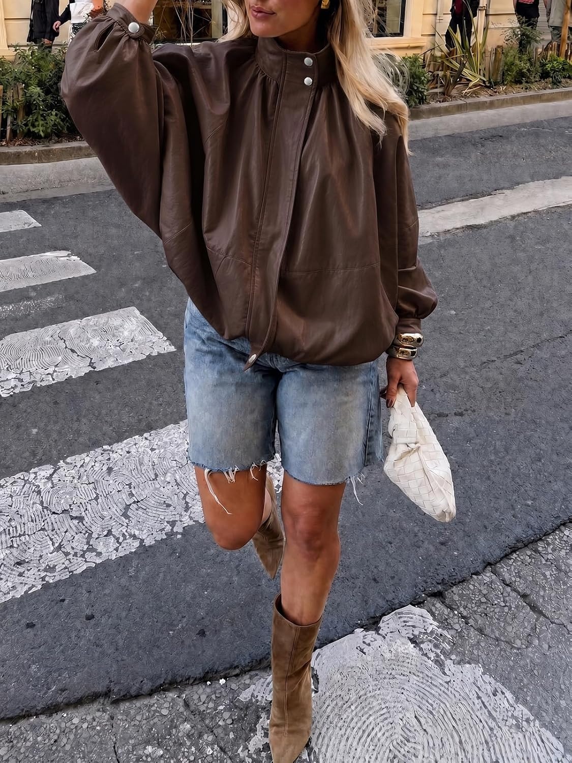 image:imageCicy Bell Womens Faux Leather Jackets Bomber Long Sleeve Zipper Fall CoatsCoffee