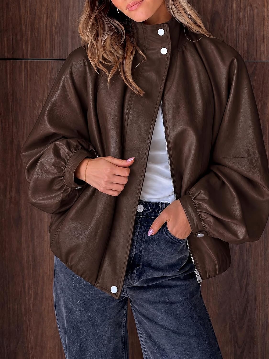 image:imageCicy Bell Womens Faux Leather Jackets Bomber Long Sleeve Zipper Fall CoatsCoffee