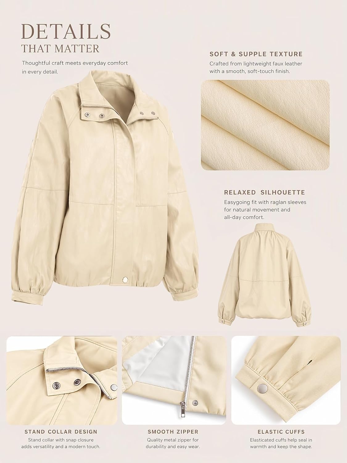 image:imageCicy Bell Womens Faux Leather Jackets Bomber Long Sleeve Zipper Fall CoatsCoffee