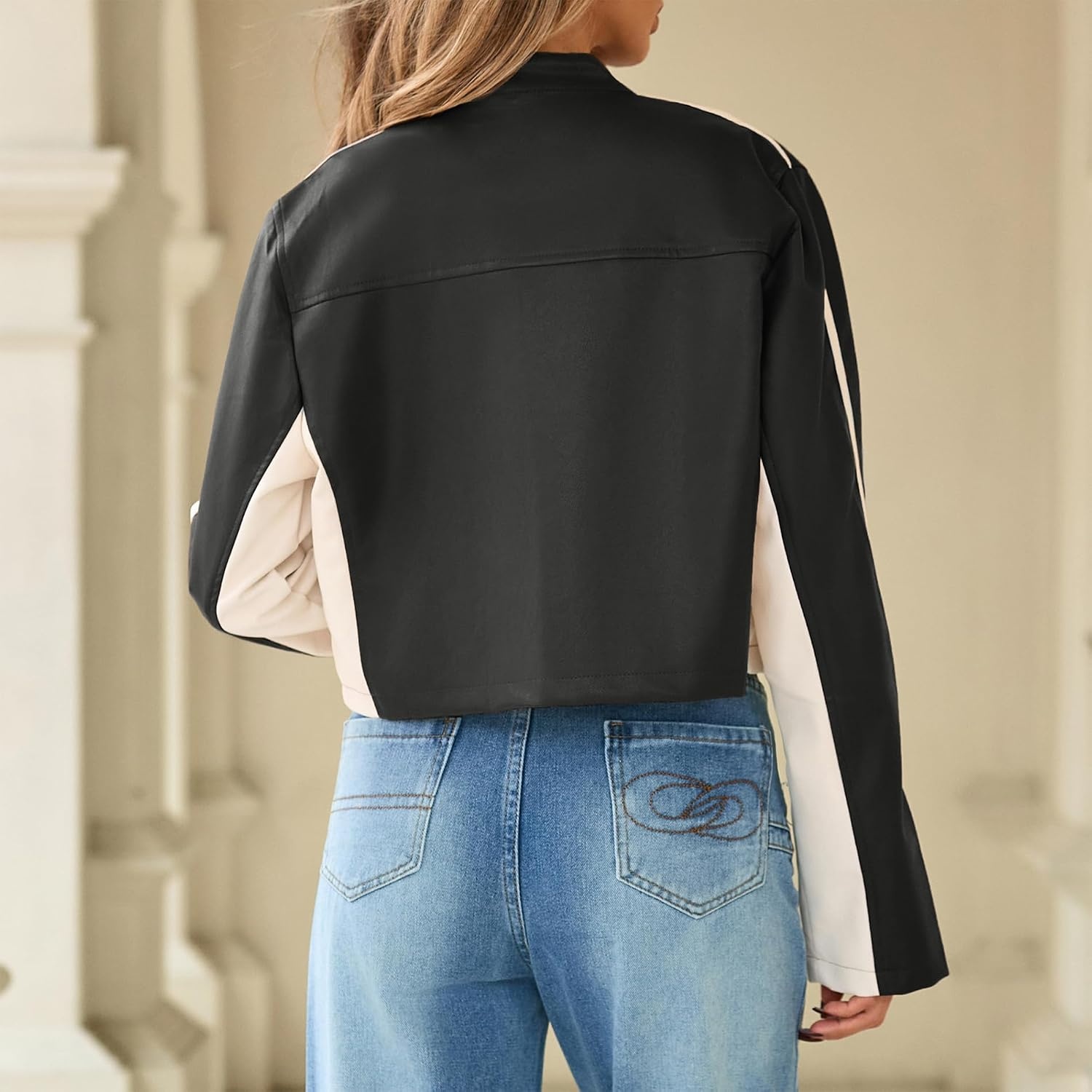image:imageCropped Faux Leather Jacket Women Biker Motorcycle Bomber Leather JacketBlack