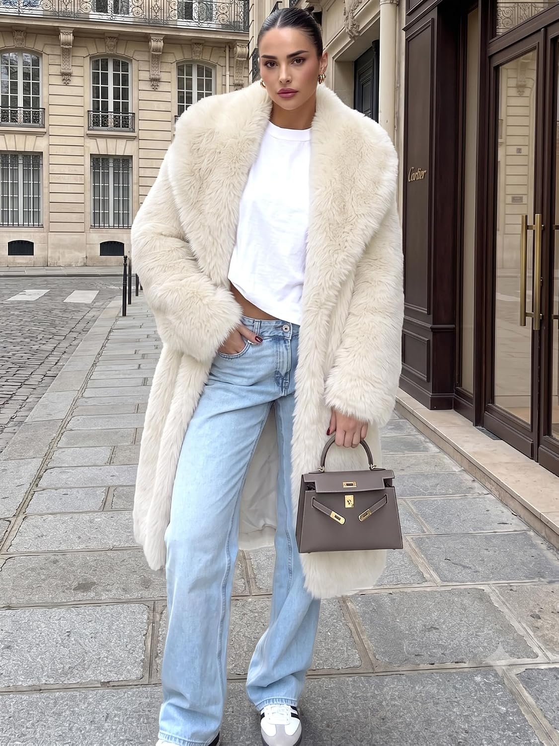 image:imageELLEVEN Long Faux Fur Coats for Women Open Front Jackets with PocketsBeige