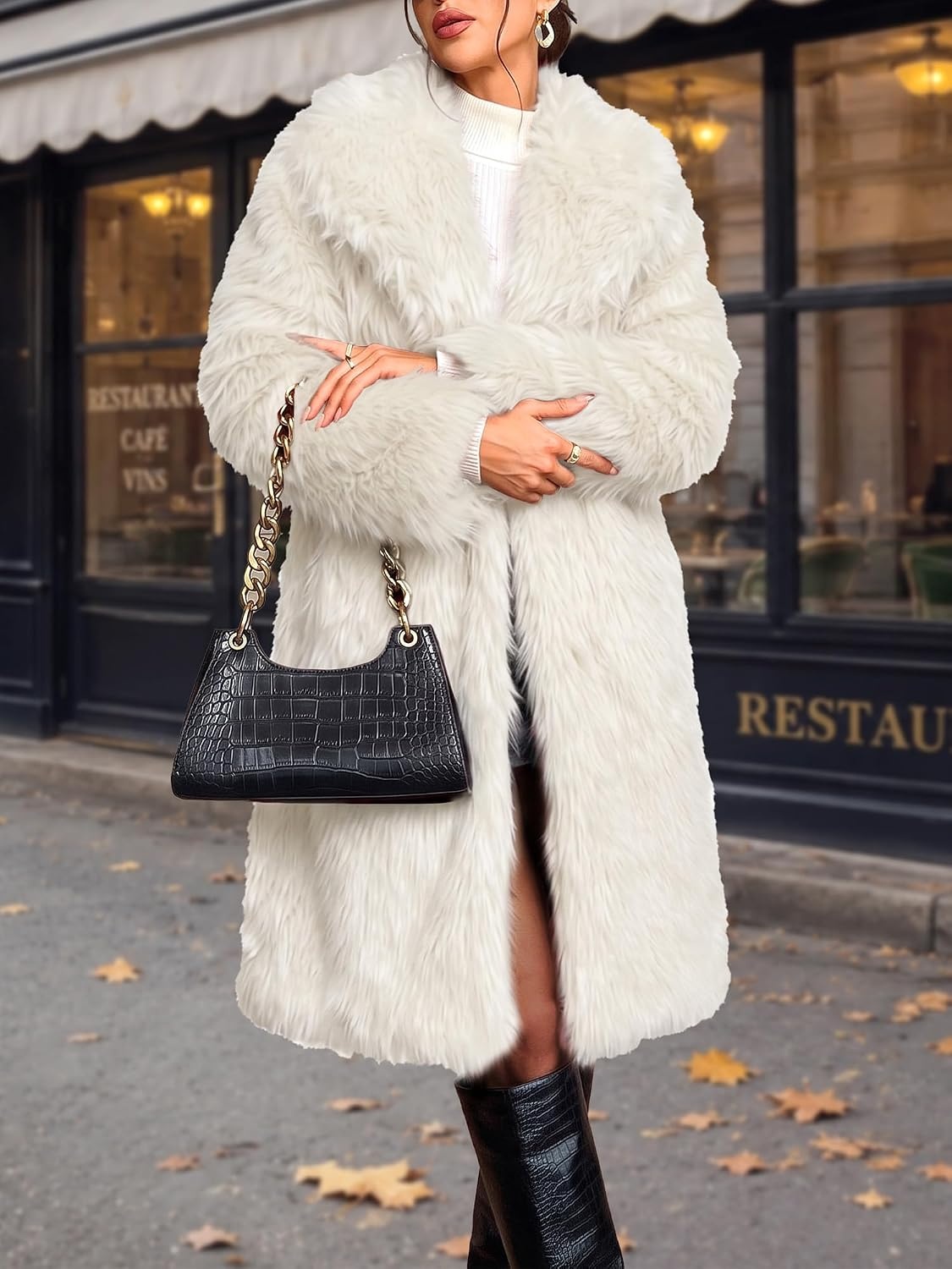 image:imageELLEVEN Long Faux Fur Coats for Women Open Front Jackets with PocketsBeige