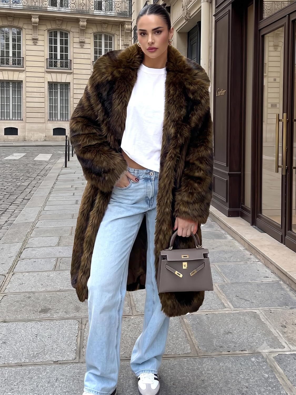 image:imageELLEVEN Long Faux Fur Coats for Women Open Front Jackets with PocketsBlack Brown