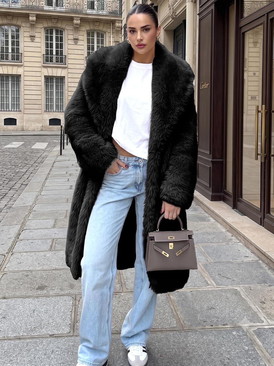 image:imageELLEVEN Long Faux Fur Coats for Women Open Front Jackets with PocketsBlack