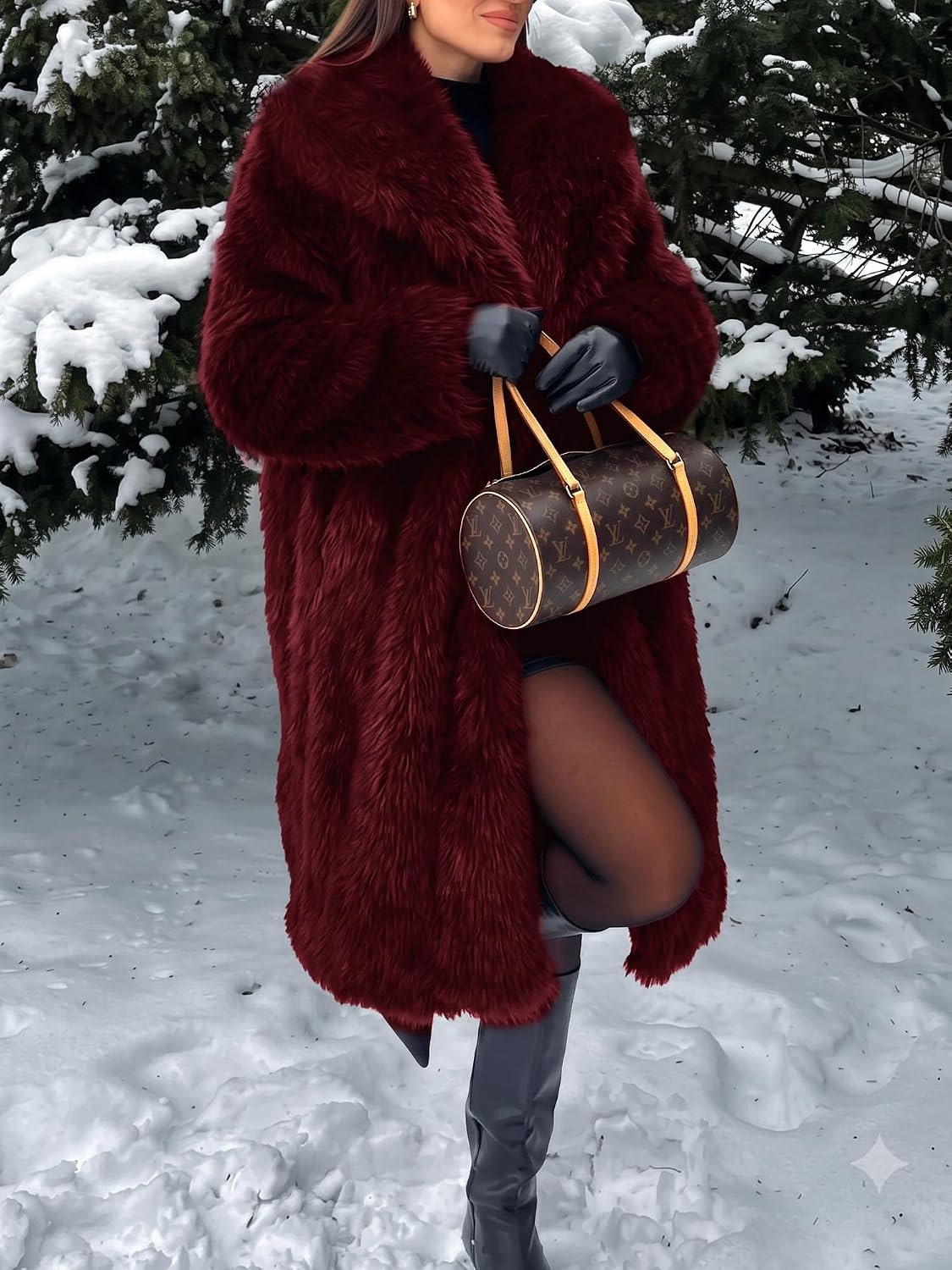 image:imageELLEVEN Long Faux Fur Coats for Women Open Front Jackets with PocketsBurgundy