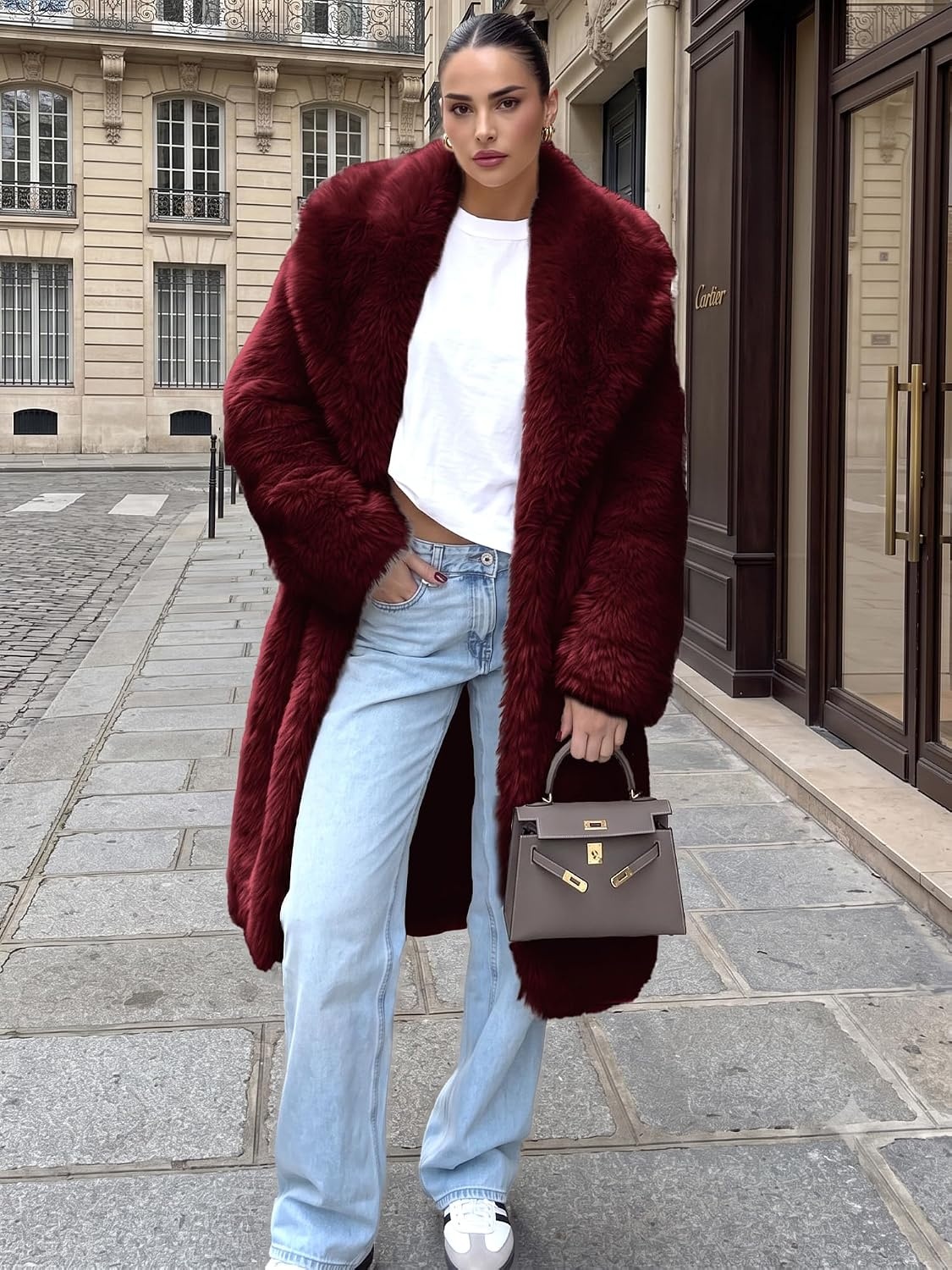 image:imageELLEVEN Long Faux Fur Coats for Women Open Front Jackets with PocketsBurgundy