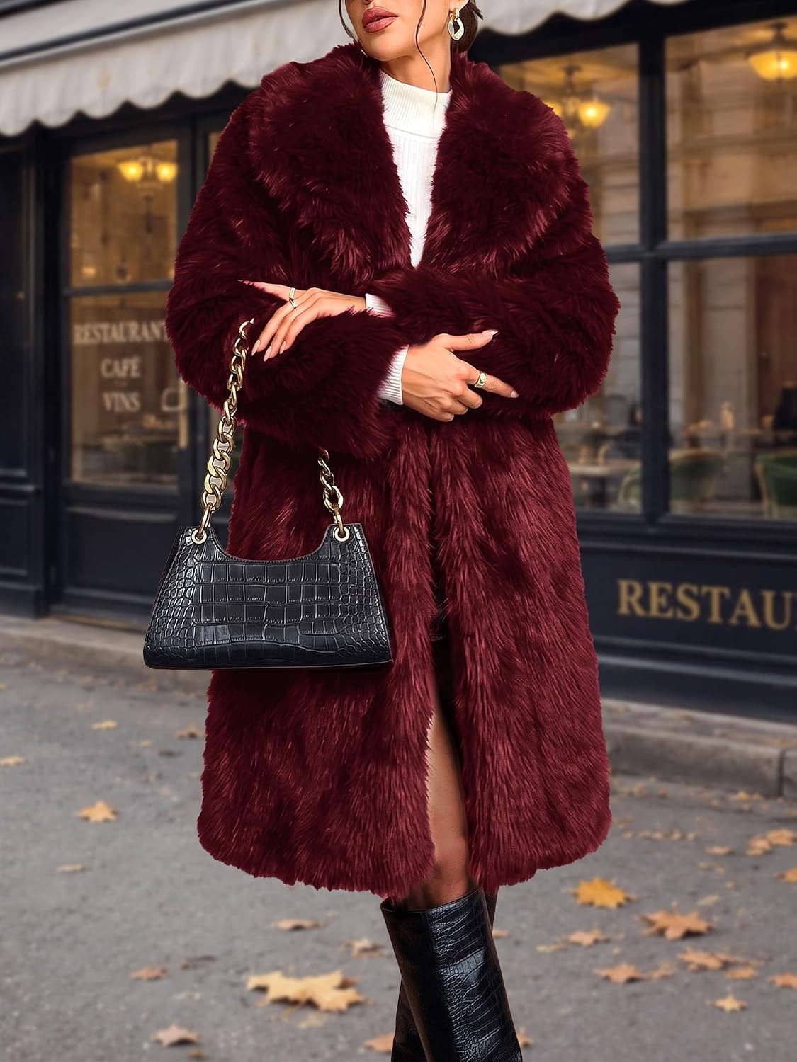 image:imageELLEVEN Long Faux Fur Coats for Women Open Front Jackets with PocketsBurgundy