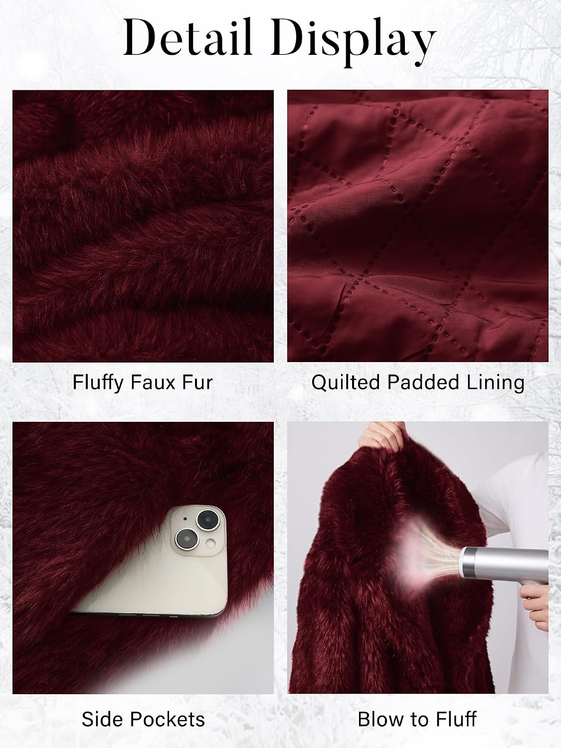 image:imageELLEVEN Long Faux Fur Coats for Women Open Front Jackets with PocketsBurgundy