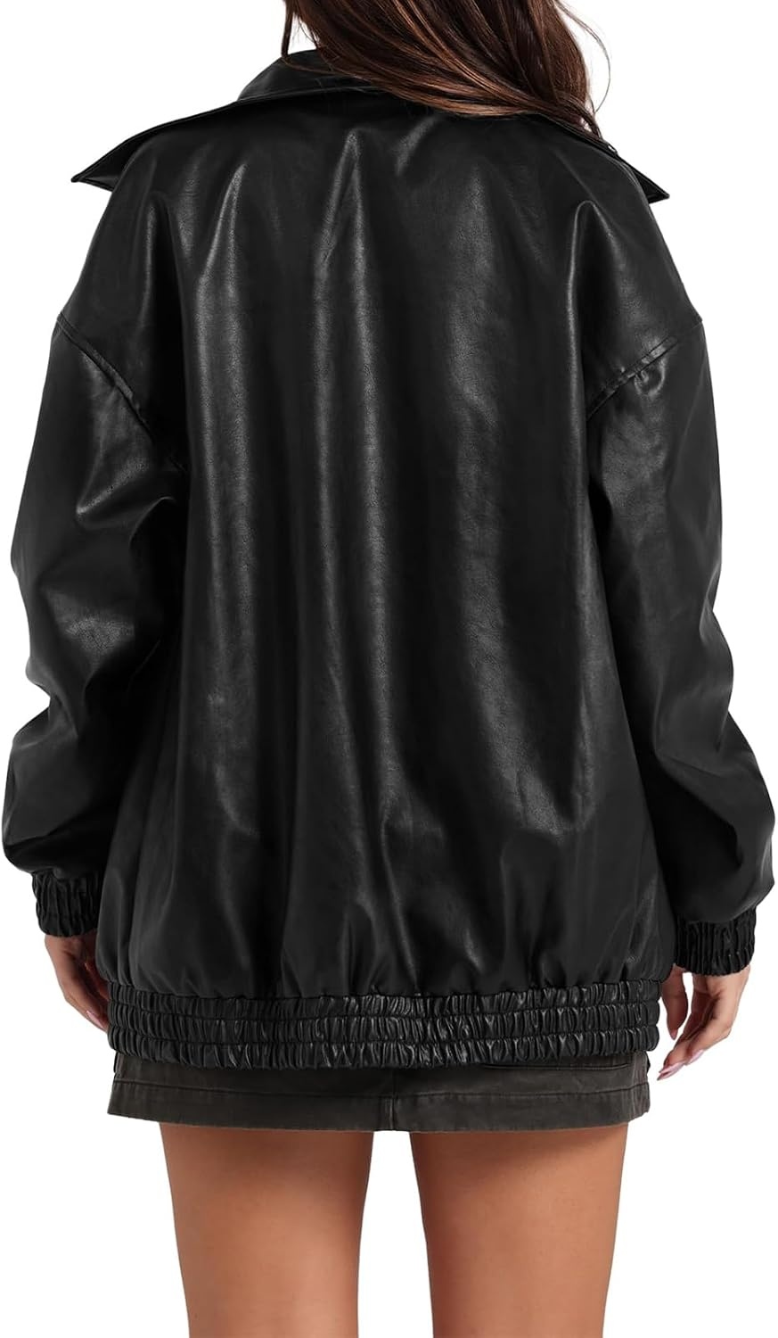 image:imageFaux Leather Jacket Women Oversized Casual Zip Up Jacket Motorcycle Bomber Jacket Coat Trendy Fall Winter ClothesBlack