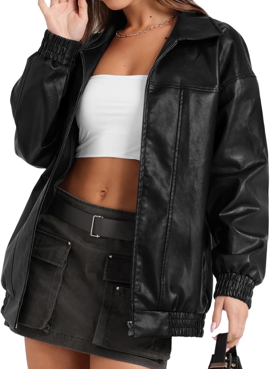 image:imageFaux Leather Jacket Women Oversized Casual Zip Up Jacket Motorcycle Bomber Jacket Coat Trendy Fall Winter ClothesBlack