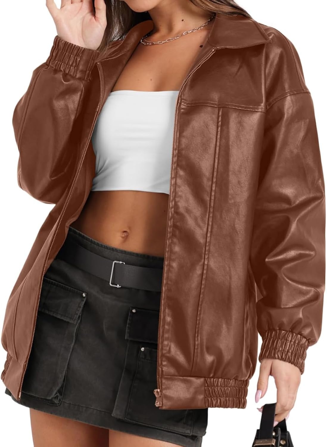 image:imageFaux Leather Jacket Women Oversized Casual Zip Up Jacket Motorcycle Bomber Jacket Coat Trendy Fall Winter ClothesBrown