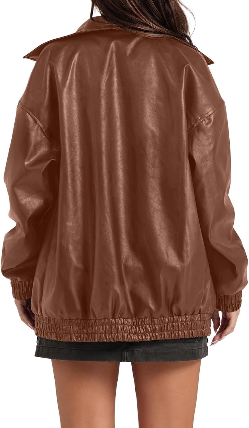 image:imageFaux Leather Jacket Women Oversized Casual Zip Up Jacket Motorcycle Bomber Jacket Coat Trendy Fall Winter ClothesBrown