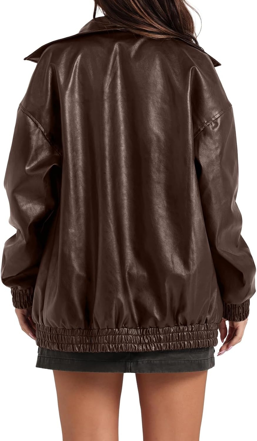 image:imageFaux Leather Jacket Women Oversized Casual Zip Up Jacket Motorcycle Bomber Jacket Coat Trendy Fall Winter ClothesCoffee