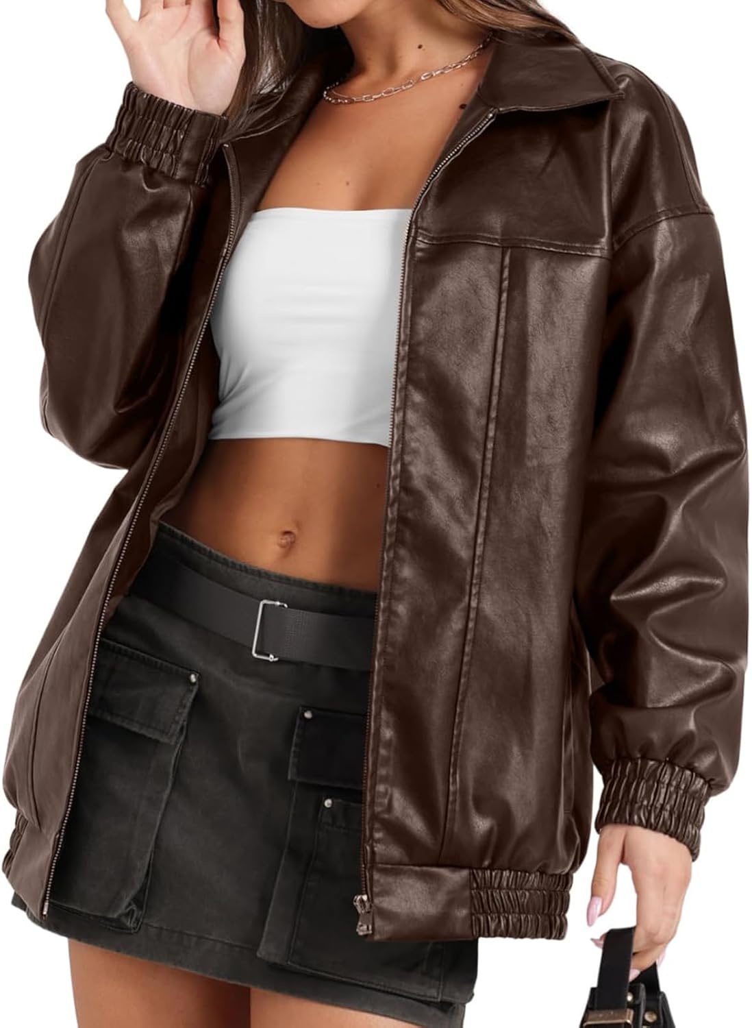 image:imageFaux Leather Jacket Women Oversized Casual Zip Up Jacket Motorcycle Bomber Jacket Coat Trendy Fall Winter ClothesCoffee